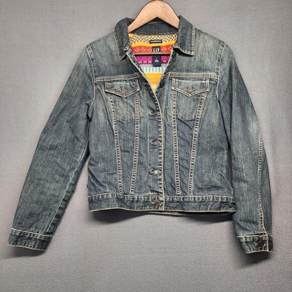 Vintage Gap Jacket Women Small Blue Denim Trucker Fair Isle Nordic Wool Y2K - Picture 1 of 16
